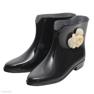 PVC Black Rubber Rainshoes With White Flower