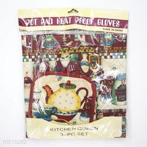 Wholesale A Set of Teapot Polyester Insulation Mat/Pot Holder，Microwave Oven Glove and Apron