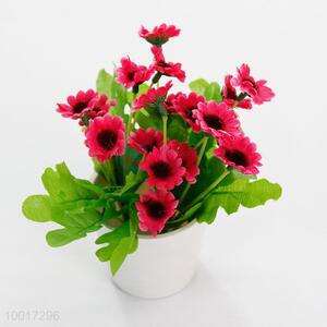 Red  flowers simulation bonsai with white plastic pot for decorating