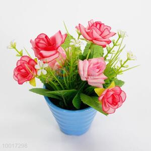 Beautiful Pink Rose  Simulation Mini Bonsai with Blue Pot