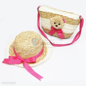 Bear Woven Crossbody Bag and Round Hat Set For Children