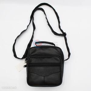 Faux cow leather black messenger bag with long strap