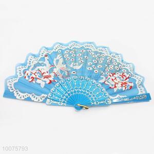 Popular Sky Blue Portable Peafowls Printed Hand Fan