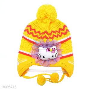 Popular ear flaps top balls children knitted hat for wholesale