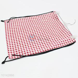 Red grid printed linen backpack/storage bag/drawstring bag