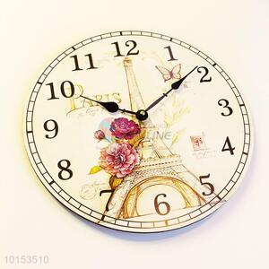 Round Shaped Board Clock Eiffel Tower Pattern Wall Clock for Home Decoration