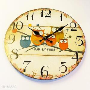European Style Round Shaped Wall Clocks Owls Family Pattern Wooden Clock