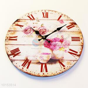 Round Shaped Rose Pattern Wall Clock Roman Number Board Clock for Living Room Decoration