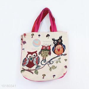 Popular Hemp Shopping Bag with Owls Pattern Reusable Tote Bag for Girls