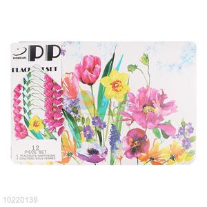 12 pieces flower printed placemat/cup mat set