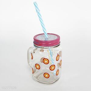 Orange pattern glass cup with straw