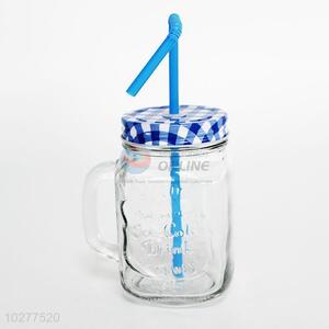 Best glass cup with blue grid cover &straw
