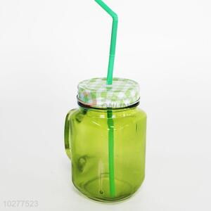 Cheap green glass cup with straw