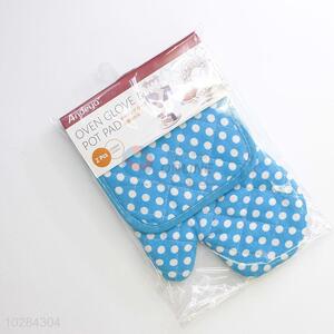 2 Pcs/Set Blue Dotted Printed Microwave Oven Mitts Mat Set Plus Thick Gloves Cotton Mat