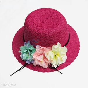 Women Rose Red Color Summer Beach Hat with Flower Design