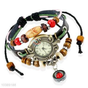 Fashion Beaded Design Leather Bracelet Wristwatch
