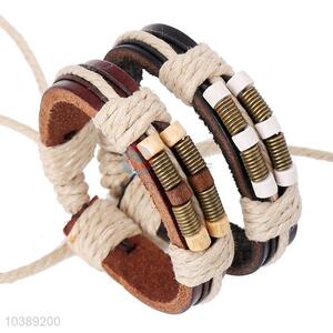 Popular Bronzer Springs Wooden Bead Leather Bracelet
