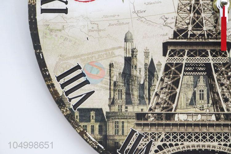 Good Quality Round Shaped Eiffel Tower Pattern Wall Clock for Home Decoration