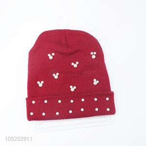 Bottom price red beautiful women knitted cap with pearls1