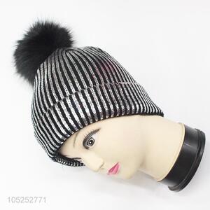 Wholesale low price cool women gold stamping winter hat with hair bulb