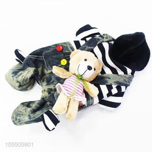 Competitive Price Pet Apparel Siamese Striped Clothes Jeans with Cartoon Bear