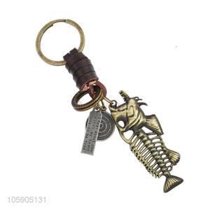 Wholesale custom retro alloy fishbone pendant weaving leather key chain