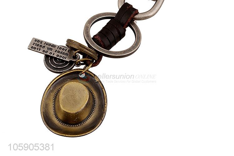 China manufacturer weave leather key chain with retro hat charms