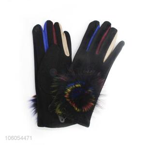 Newest Velvet Lining Pompon Ball Touch Screen Gloves For Women