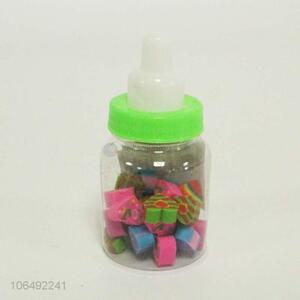 Colorful heart shaped erasers packed in feeding bottle