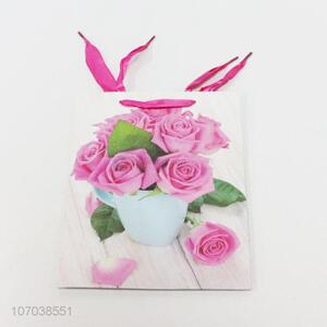 High Quality fashion pink rose printing paper gift bag with handle