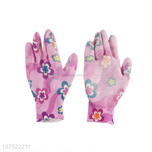 Bottom price fashion flower pattern pu coated safety gloves working gloves