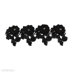 Delicate design black lace trim with 3D flowers and diamond decoration