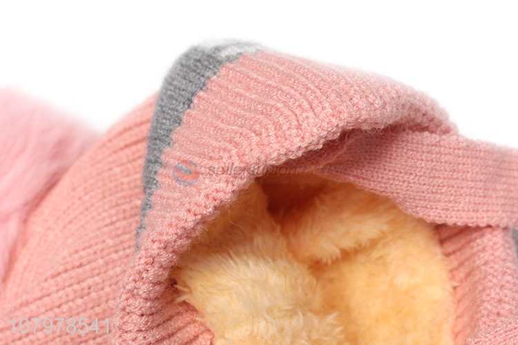 China supplier kids autumn winter fleece lined earmuff hat with pom pom