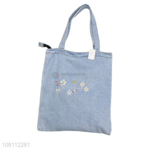 Factory supply delicate flower embroidery denim tote shoulder bag