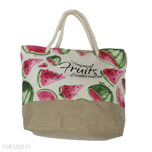 Good quality fruit printed imitated linen beach bag tote handbags