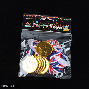 Low price party supplies plastic medals with coloured ribbons