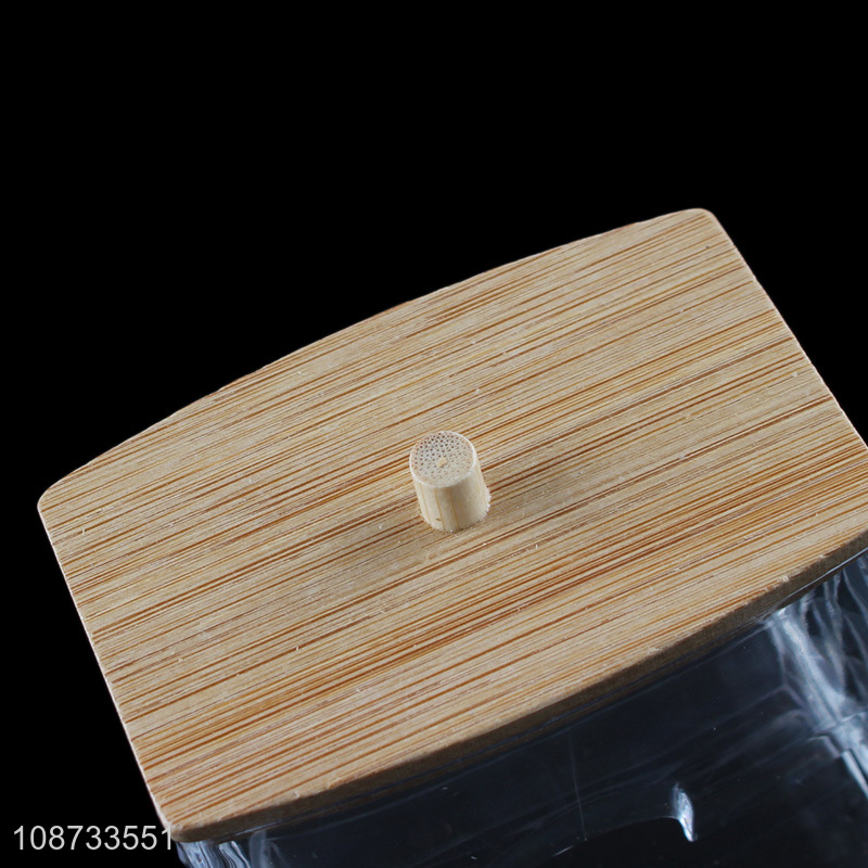 Hot selling clear plastic cotton swab storage box with bamboo lid
