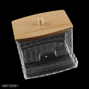 Hot selling clear plastic cotton swab <em>storage</em> <em>box</em> with bamboo lid