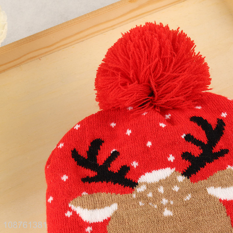 Good quality Christmas jacquard knitted hat winter pom pom beanie