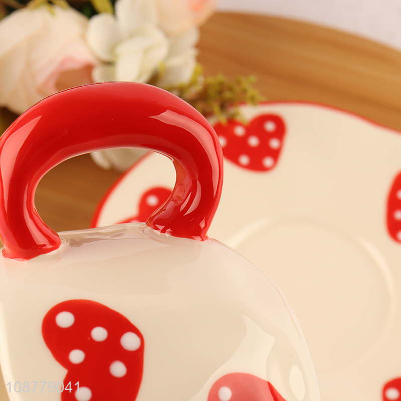 Hot selling cute heart ceramic mug and saucer set