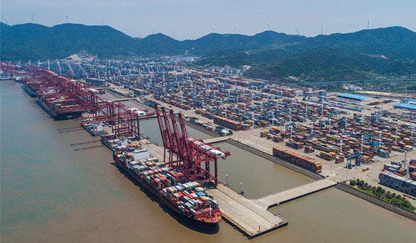 Aerial photo taken on July 12, 2017 shows the container pier of Zhoushan Port in Ningbo City, east China's Zhejiang Province.