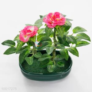 Plastic Artificial Rose Flower Simulation Bonsai with Green Pot for Home Decoration
