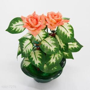 Artificial Pink Rose Flower Resin Simulation Bonsai with Green Pot