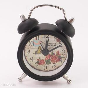 Black Iron Alarm Clock with Butterfly&Flowers Pattern, Button Battery, Waker Function