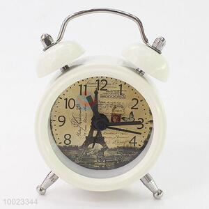 White Iron Alarm Clock with Eiffel Tower Pattern, Button Battery, Waker Function