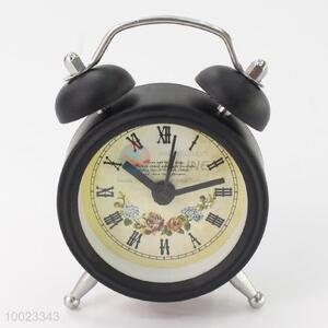Black Iron Alarm Clock with Flowers Pattern, Button Battery, Waker Function