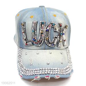 Wholesale diamond-studded LUCK washed denim sun-shade hat cowboy hat