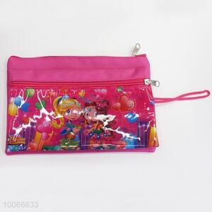 Hot Sale 21.5*12cm Pink Double-layers Pen Bag with Cartoon Girls Pattern