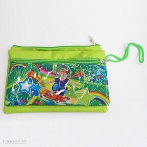 Hot Sale 21.5*12cm Green Double-layers Pen Bag with Cartoon Boy Pattern
