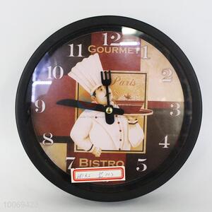 Funny round plastic wall clock with <em>cook</em> pattern